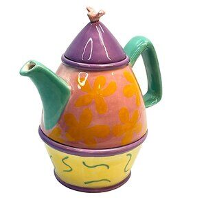 Vintage Bergsehrund Seattle 2000 Teapot Cup Lilac Teal Yellow Pink Artsy